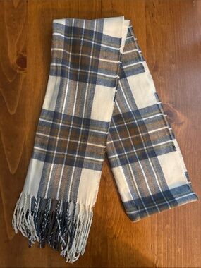Softer Than Cashmere Plaid Scarf Cream Navy Brown Fall Fringe 72”